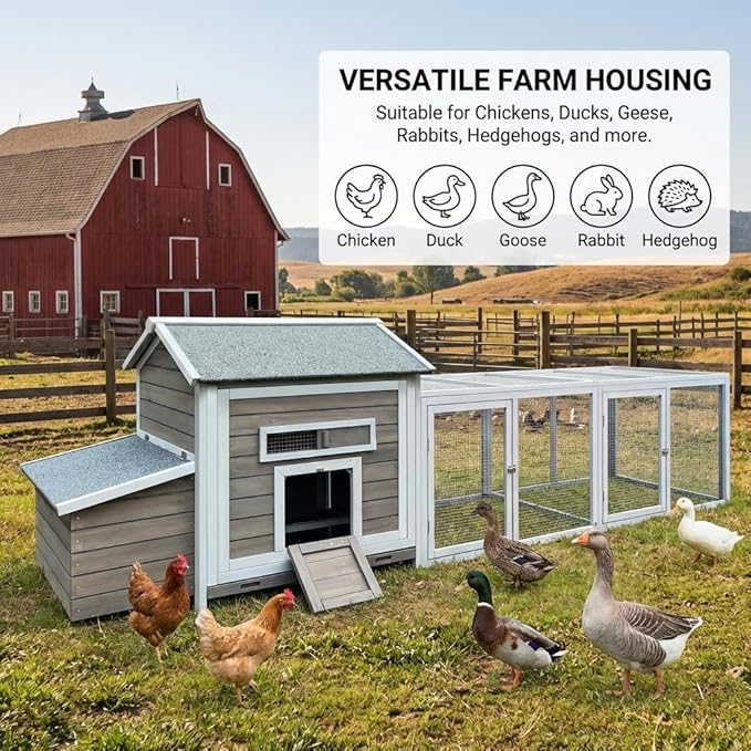 118" Large Wooden Chicken Coop with Run - Outdoor Hen House for 4-6 Chickens, Poultry Habitat Supplies with Chicken Nesting Box, Ventilated Window, Free-Range Door & Slide-Out Tray