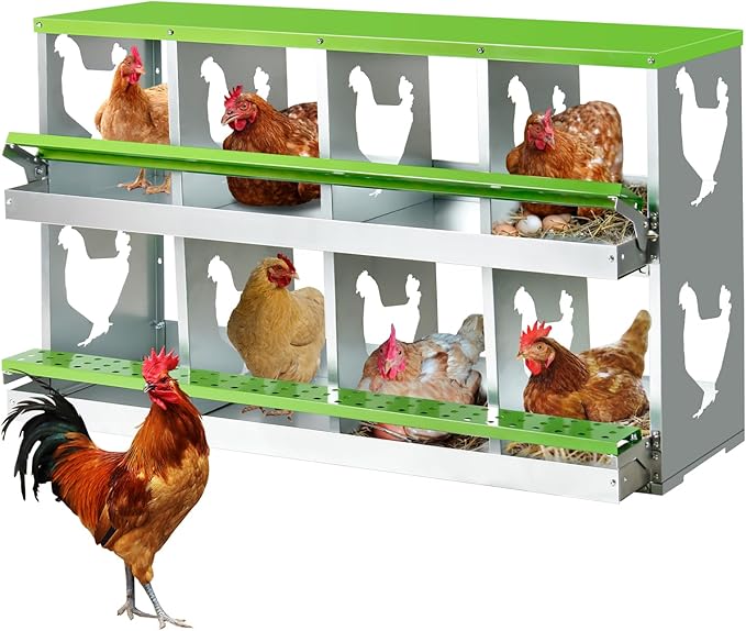 Chicken Nesting Box,Heavy Duty Metal Nest Boxes,8 Hole Roll Away Nesting Boxes,with Large Vented Holes,Wall-Mountable Chicken Coop Nesting Boxes,for Chickens,Ducks,Large Egg Boxes (Green 8 Hole)
