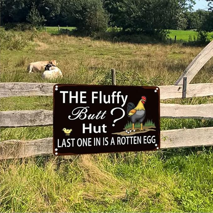 Fluffy Butt Hut Chicken 12x8 Inch Outdoor Decorative Yard Sign with Rooster Hen Chick Design for Farmhouse Patio Lawn Decor