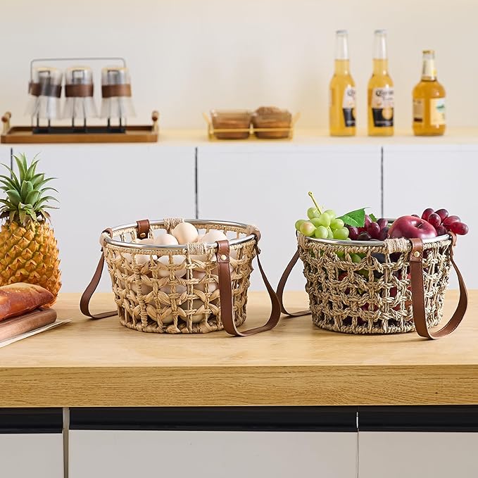 Farmhouse Seagrass Egg Baskets - Handmade Wicker Egg Collecting Basket with Handle