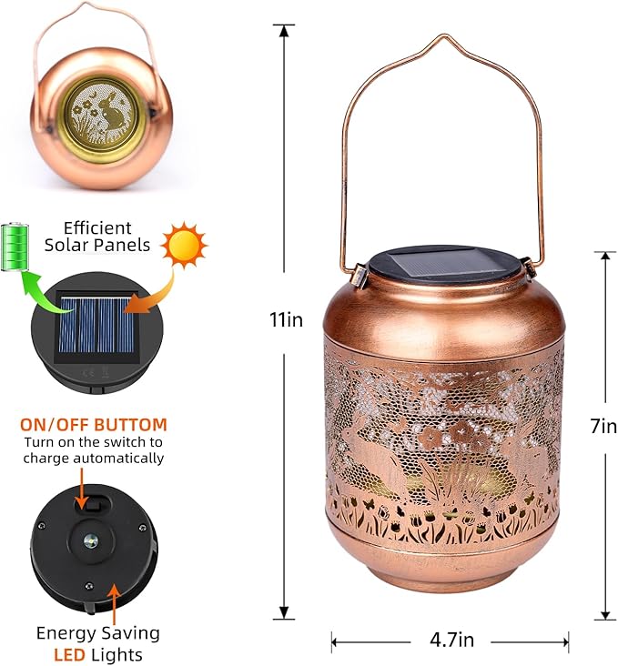 2Pack Rabbit Solar Lanterns Outdoor Waterproof Hanging Solar Lights Bunny Gifts for Women Mom Grandma Metal Decorative LED Lantern Outside for Garden Decor,Yard,Patio,Lawn,Porch,Backyard,Pathway