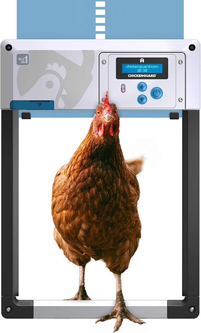 Automatic Chicken Coop Door Opener, ChickenGuard One in All 4 Colours, Timer/Light Sensing, Winter Mode, Auto-Stop & Predator Proof, 3 Power Options, Solar, Battery or Electric (Blue + Batteries)