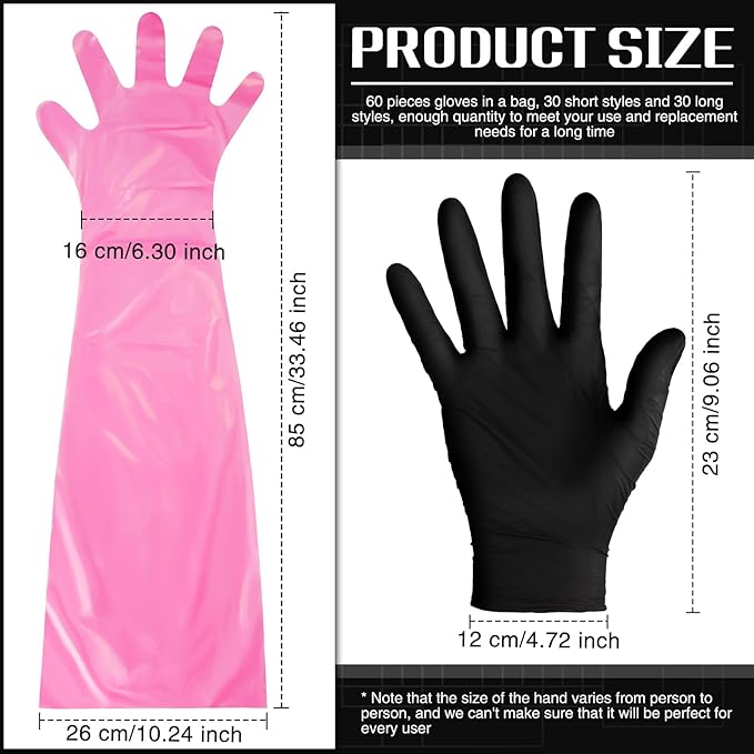 Meanplan 60 Pcs Field Dressing Gloves Disposable Cleaning Hunting Field Processing Gloves Shoulder Length Black Dressing with Long and Short Gut Mitten Combo Pack