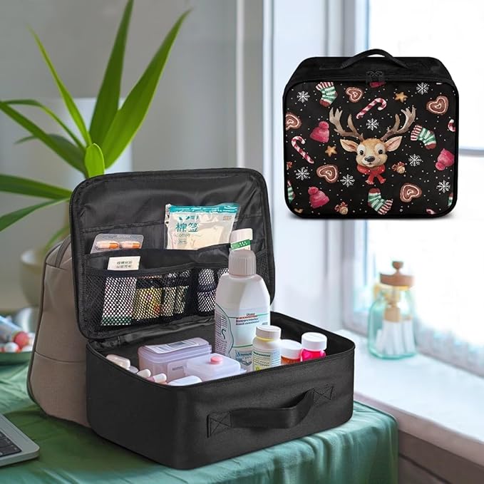 Rnyleeg Christmas First Aid Bag Black Empty First Aid Kit for Home Travel Medicine Bag Organizer Portable Car Medical Kit Cute Elk