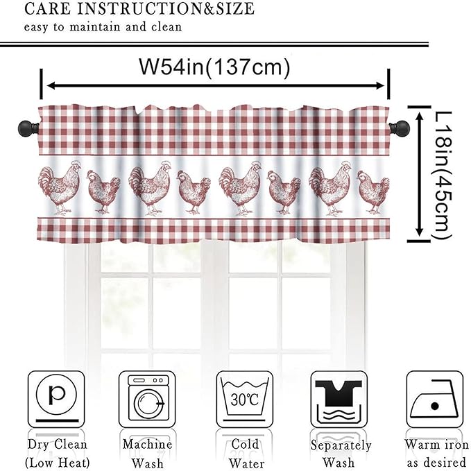 Rooster Valance Curtains Rustic Farmhouse Animals Retro Red White Buffalo Plaid Rod Pocket Curtain Valance for Kitchen Bedroom Living Room Decor 1 Panel W54xL18 Inch