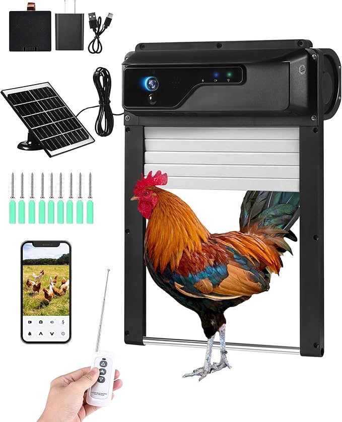 Automatic Chicken Coop Door with HD Camera, Solar Powered, 5000mAh Battery, WiFi Enabled, APP-Based Monitoring, Remote Control and Timer, with Anti-Trap Sensor and Alarm Drive (Black)
