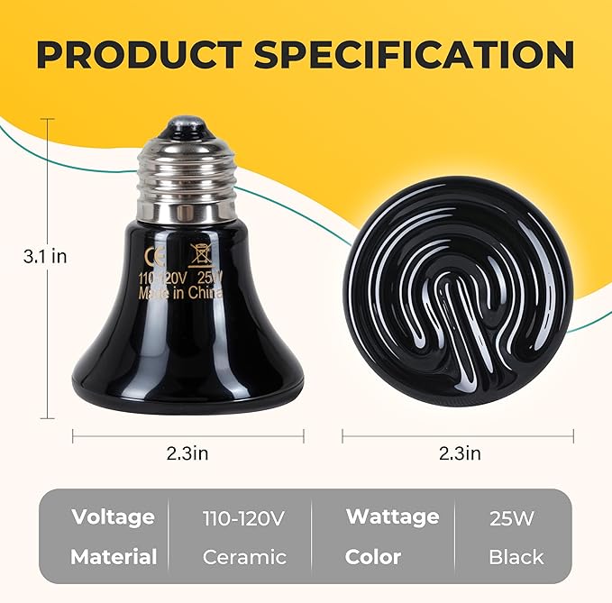 Ceramic Heat Emitter, 25W Mini Reptile Heat Lamp, No Light Emitting Turtle Heater, Efficient Heating Solution for Aquariums, 2 Pack for Optimal Temperature Control