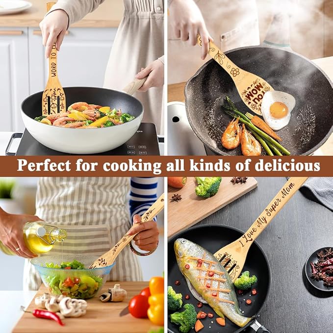 Mothers Day Gifts for Mom from Daughter Son Cooking Spoon,Engraved Bamboo Kitchen Cooking Utensils Set Gifts,Wooden Birthday Gifts for Mom Mother in Law Step Mama,I Love You Mom Gifts