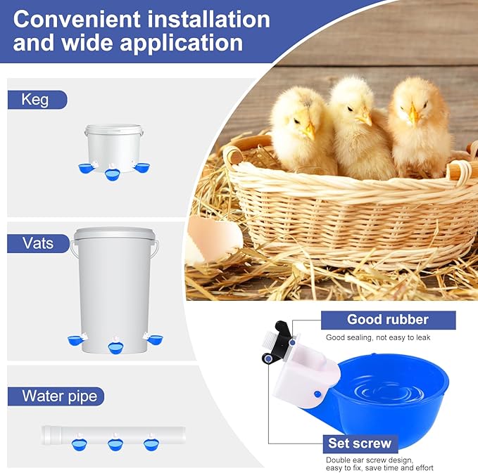 Chicken Waterer Cups (16 Pack/Blue) - DIY Automatic Large Chicken Water Feeder for Ducks Quail and Various Poultry Dispenser with Matching Drill, Double Rubber Ring, Not Leaking Wate