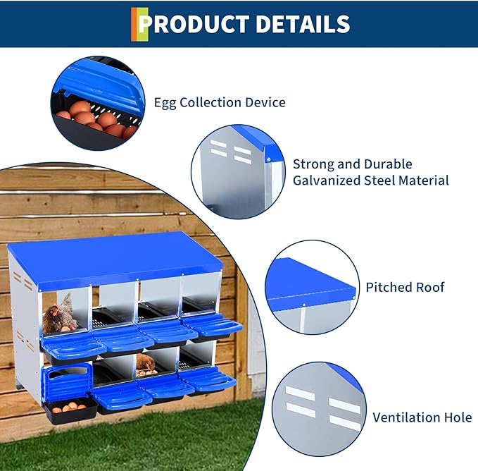 Chicken Nesting Box, 8 Compartment Roll Away Egg Laying Box for Hens, Wall Mounted & Freestanding (2 Modes of Use), Easy Egg Collection, Cleanable Pull Out Nesting Box, Blu, NL