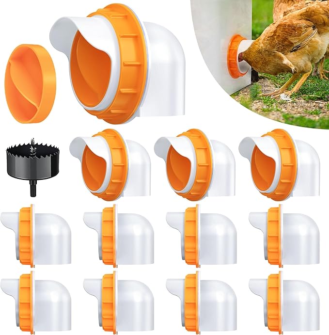 Chicken Feeder No Waste 12 Ports, Automatic Poultry Feeder with 12 Covers & 1 Hole Saw, Rain Proof Gravity DIY Chicken Feeders Kit for Buckets, Barrels, Bins (Orange)