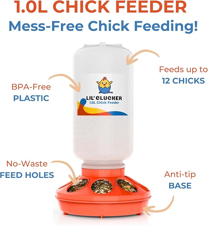 Lil'Clucker 1L Chick Feeder, 1.5L Chicken Waterer - No Leakage Chick Feeder and Waterer Kit, Hanging Baby Chick Waterer, Durable Chicken Water Feeder, Chicken Feeder and Waterer Set, Poultry Waterer