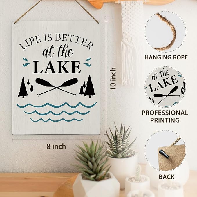 Summer Lake House Decor - Lake House Decor for The Home, Lake Wooden Sign Hanging Decor for LakeHouse Porch Front Door Decor, Life Is Better At The Lake Sign, 8x10 Inch