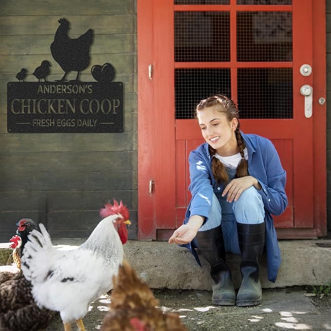 Personalized Chicken Coop Signs, Outdoor Chicken Coop Decor, Vintage Farmhouse Wall Decor, Custom Metal Name Sign for Farm Yard Garden Home, Gifts for Chicken Lovers Color02