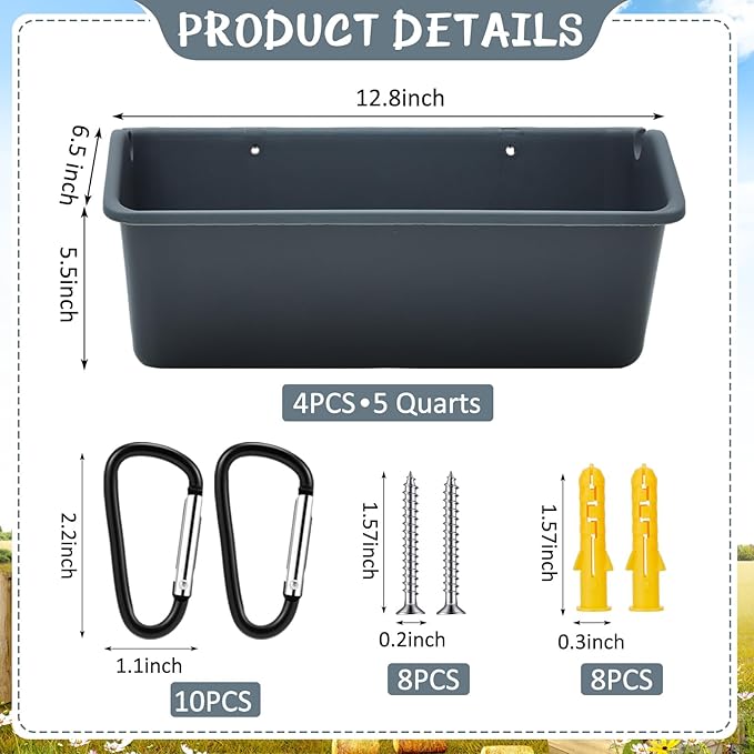 Wenqik 4 Pack 5 Quart Hanging Chicken Feeders Trough Goat Feeder Duck Water with Metal Clips Chicken Waterer Bucket Container for Fence Turkeys Horse Pig Deer Goose Livestock Poultry Supplies
