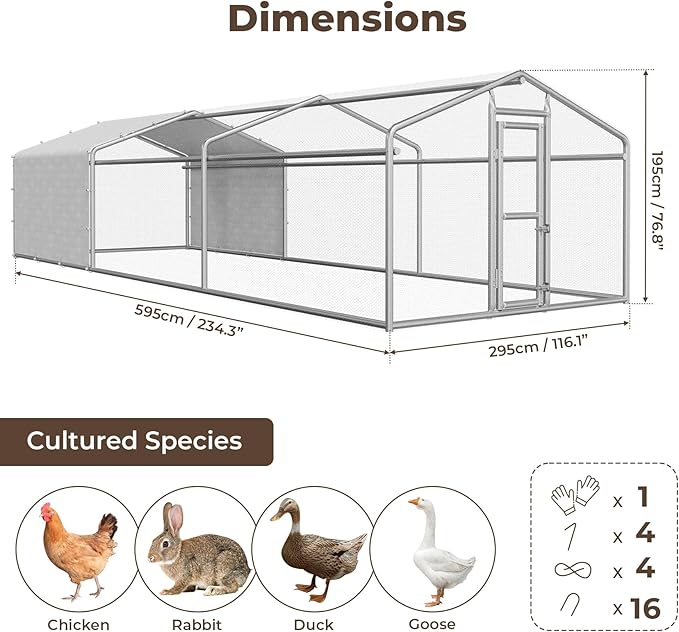 Large Metal Chicken Coop, Chicken Run for 20-30 Chickens, Heavy Duty Walk-in Poultry Cage with Waterproof Anti-UV PE Cover for Ducks Rabbits Geese, 19.5x9.7x6.4ft