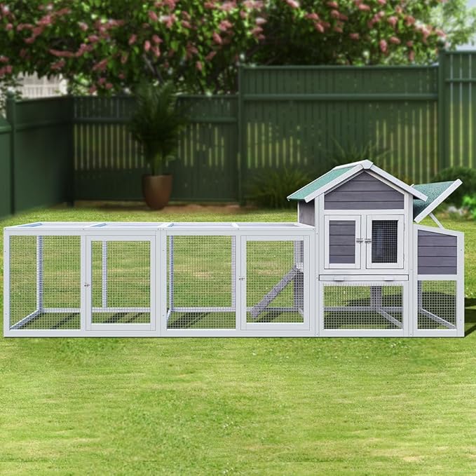 122" Large Chicken Coop with Nesting Box and Run, Outdoor Wooden Poultry Cage with Waterproof Asphalt Roof, Pull-Out Tray, and Ramp, Hen House for 3–6 Chickens, Grey