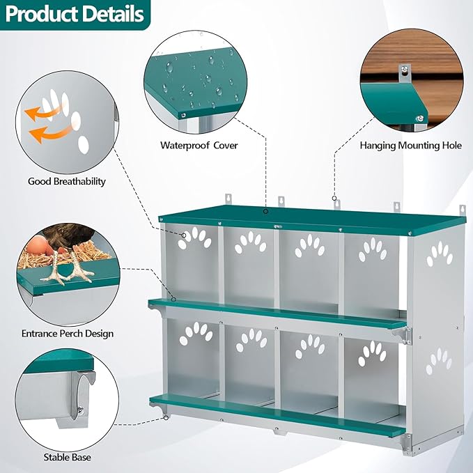 Chicken Nesting Box, 8 Compartment Metal Nesting Box, Wall Mountable Nesting Boxes for Chicken, 42.5" L x 13.0" W x 25.0" H, Green