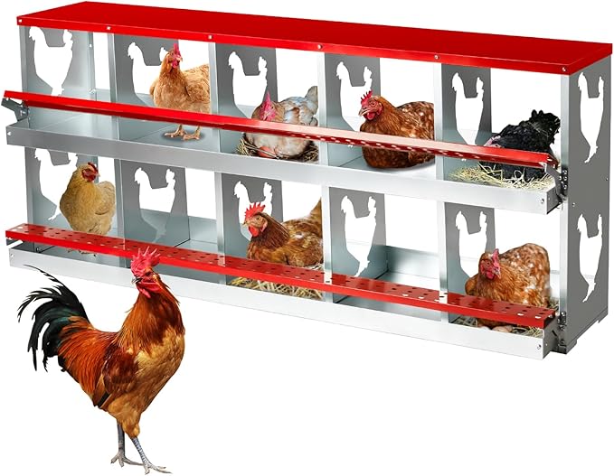 Chicken Nesting Box,Heavy Duty Metal Nest Boxes,10 Hole Roll Away Nesting Boxes,with Large Vented Holes,Wall-Mountable Chicken Coop Nesting Boxes,for Chickens,Ducks,Large Egg Boxes (Red 10 Hole)
