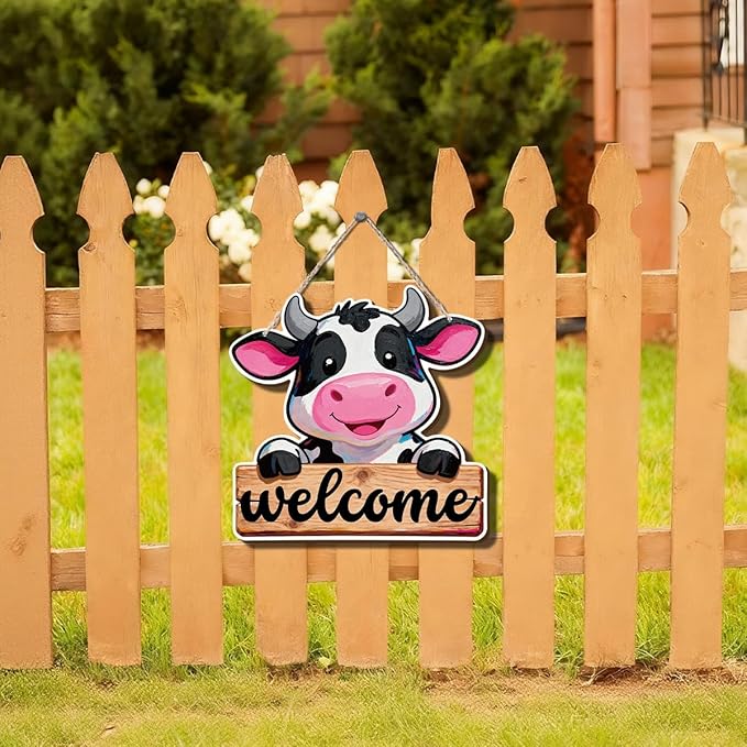 Farmhouse Wall Decor, Cute Cow Welcome Sign, Cartoon Oil Painting Style Wood Hanging Plaque, Rustic Country Wall Art for Kids Room Nursery Kitchen or Barnwood Entryway, 9.9x9.8 Inches
