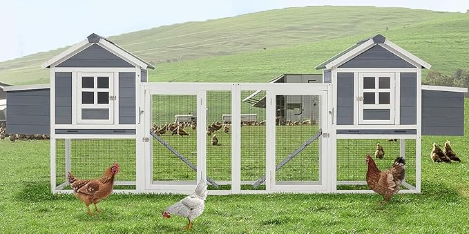 U-MAX Extra Large Chicken Coop with Run, 123" Wooden Chicken Coop 4-6 Chickens, Outdoor Hen House with Run & Removable Trays, Outdoor Hen Fence Poultry Pet Cage for Backyard, Grey