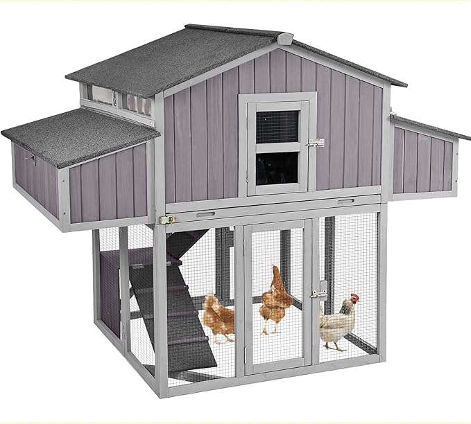 Chicken Coop Outdoor Super Easy to Assemble Large Hen House Wooden Poultry Cage with Nesting Box and Run (Grey)