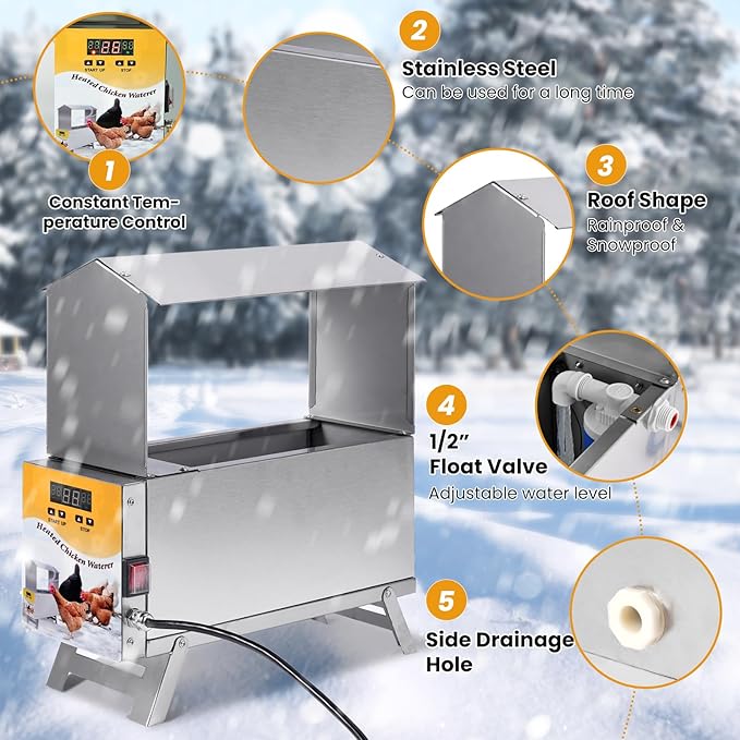 1.5 Gallon Heated Chicken Waterer Automatic Chicken Water Heater for Winter, Freeze Proof Poultry Drinker Watering System