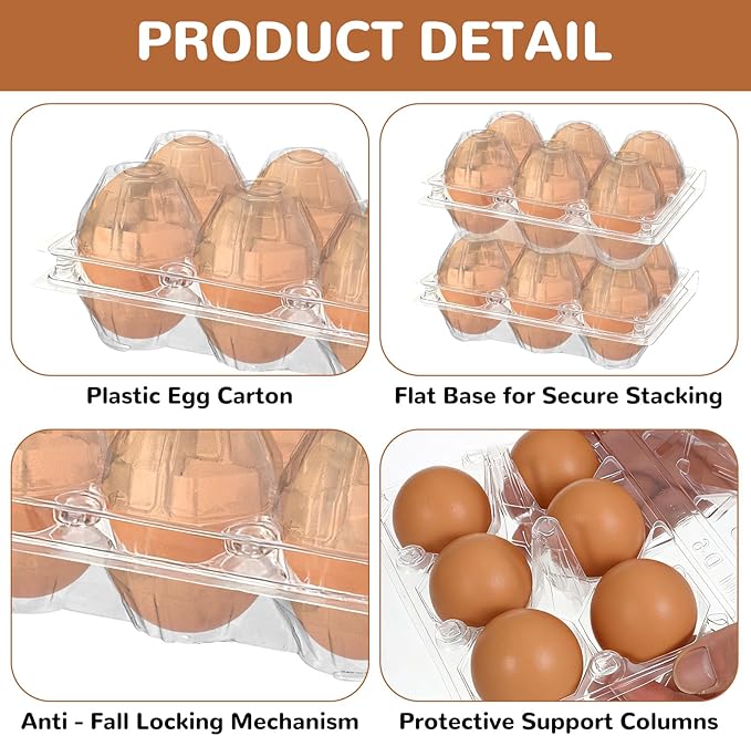 50-Pack of 6-Count Plastic Egg Cartons – Clear Break-Resistant & Reusable Egg Tray for Duck or Medium Eggs, Stackable Eggs Holder for Refrigerator, Home Kitchen, Market & Farm Use