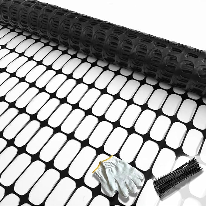 PotatoLife Plastic Mesh Fence, Extra Strength 40''x50' Roll with 50 Zip Ties, Resuable Temporary Netting for Garden Fencing, Snow Fencing, Animal Barrier, Poultry, Deer, Dog, Construction, Black