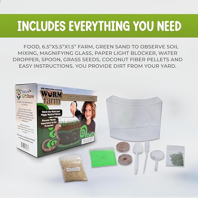 Worm Farm for Kids Shipped with Live Worms and Food - Observation Worm Farm Kit with Ecosystem, Soil, Mixing Sand, Magnifying Glass & More