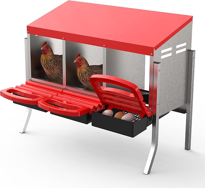 Chicken Nesting Box 3 Hole, Galvanized Steel Nest with Roll Away Egg Collection & Swing Perch, Easy-Clean Laying Box for Hens, Heavy Duty Design for Chicken Coop