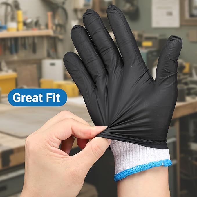 100 PCS Disposable Black Nitrile BBQ Gloves - 5 Mil Heavy Duty Power Latex Free for Cooking, Grilling, Serving, Barber, Butcher, Chef, with 6 Pairs Cotton Glove Liners, Medium