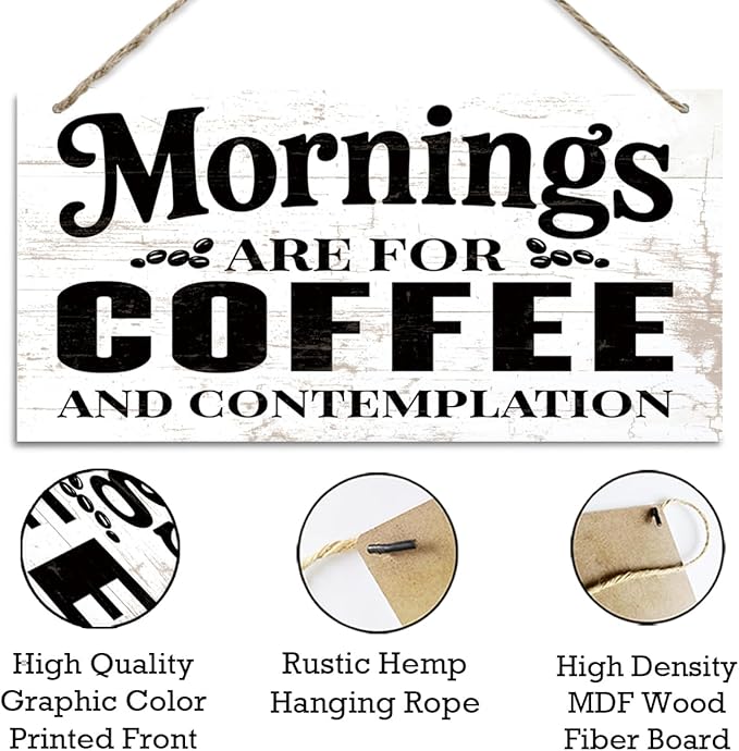 Coffee Bar Wooden Hanging Decor, Mornings are for Coffee and Contemplation Sign, Vintage Kitchen Decor, Rustic Farmhouse Cafe Decoration Accessories 12 x 6 Inches