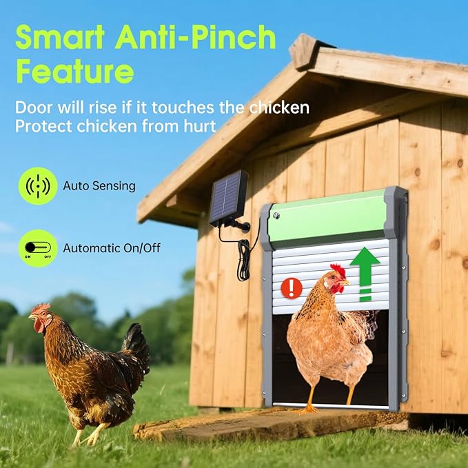 Automatic Chicken Coop Door Solar-Powered Chicken Coop Door with Remote Control - Smart Timer & Light Sensor, Anti-Pinch Safety Design, Large Weatherproof Entry for Poultry (Green)