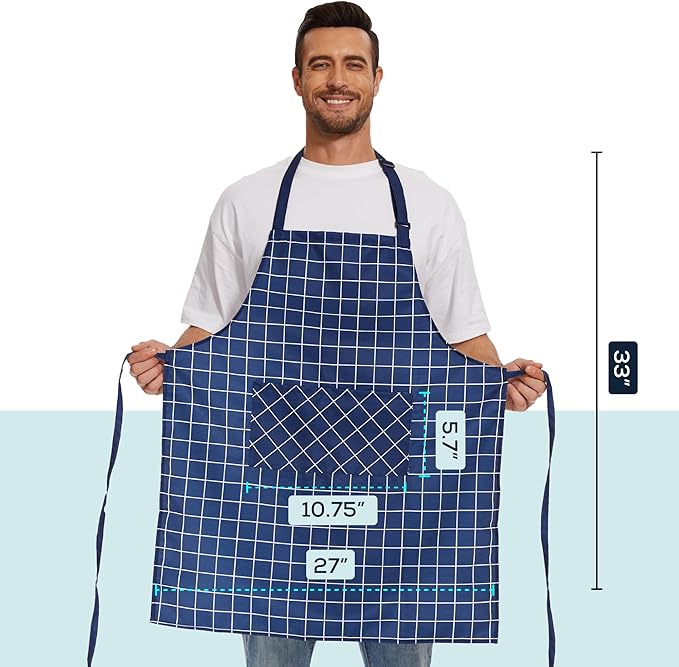 Will Well Kitchen Apron for Men and Women - 33" x 27" Oil-and-Water-Resistant with Adjustable Neck Strap and 38" Waist Ties for a Snug Fit, Lightweight with 2 Front Pockets - 2-Pack, Navy Checkered