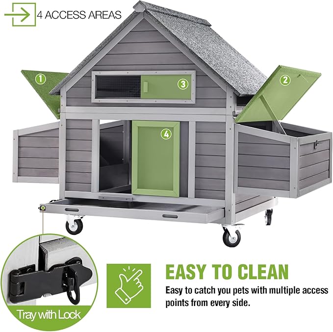 GUTINNEEN Chicken Coop with Wheels Outdoor Mobile Hen House Portable Wooden Poultry Cage with Nesting Box,Waterproof Asphalt Roof