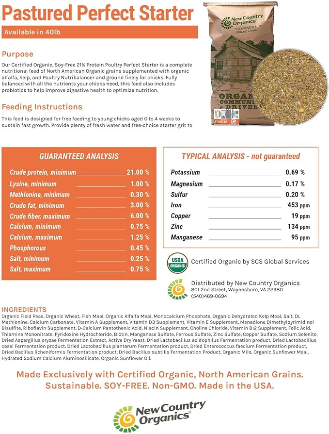 New Country Organics | Pastured Perfect Starter Feed for Baby Chicks | Corn-Free and Soy-Free | 21% Protein | Certified Organic and Non-GMO | 40 lbs