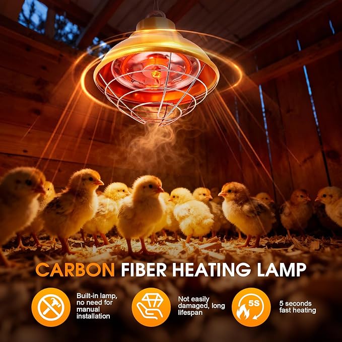 Chicken Heat Lamp,350W Chicken Coop Heater with Carbon Fiber Bulb, Two-Temperature Adjustable and 5.2FT Thickened Power Cord,Winter Hanging Heat Lamp for Chicks,Pets and Poultry