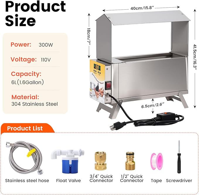 Chicken Waterer Heater for Winter,5L Automatic Chicken Water Heated with Adjustable Leg and Thermostat Control Freeze-Proof Poultry Water Heater Chciken Coop Accessories