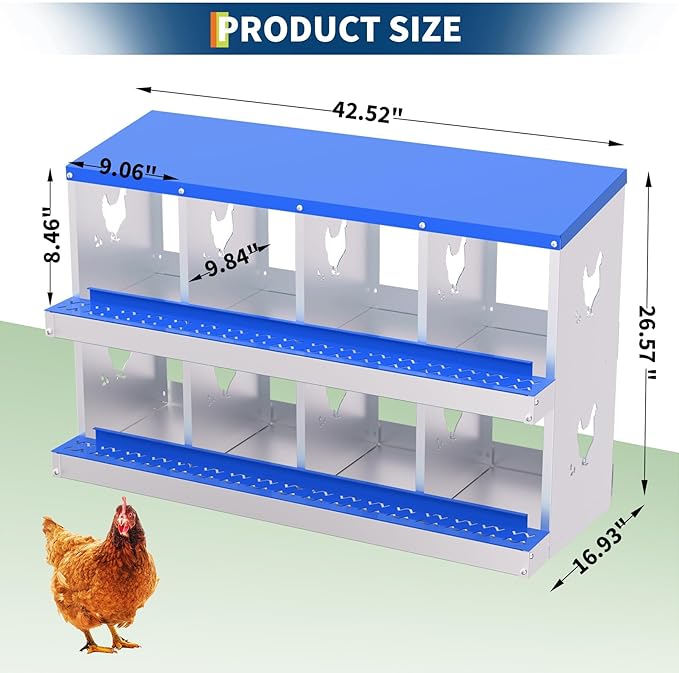 8-Panel Galvanized Steel Nesting Box for Chicken Coop - Removable Drop Tray & Ventilation - Easy Clean Laying Box for Hens, Ducks - Rustproof Design Protects Eggs