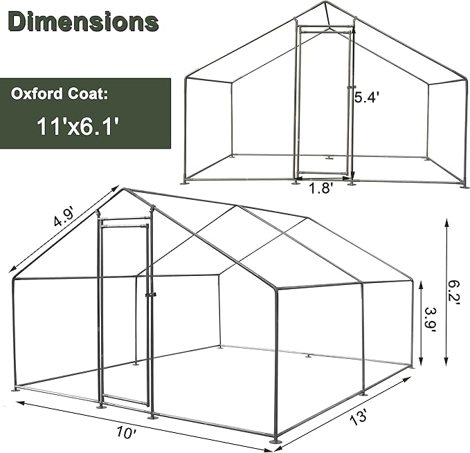 IchbinGo Large Metal Chicken Coop with Waterproof Cover, Walk-in Metal Poultry Cage Spire Shaped Chicken Coop Run, Chicken Run with Anti-UV Cover for Outdoor Backyard Farm (10' L x 13 W x 6.56' H)