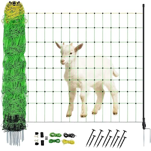 Electric Fence Netting, 35.4" H x 164' L, Portable Livestock Nets with 14 Posts Double Spiked for Hog, Dogs, Deer, Goats, Electric Fencing for Backyards, Homesteaders, Farms, Ranches, Gardens
