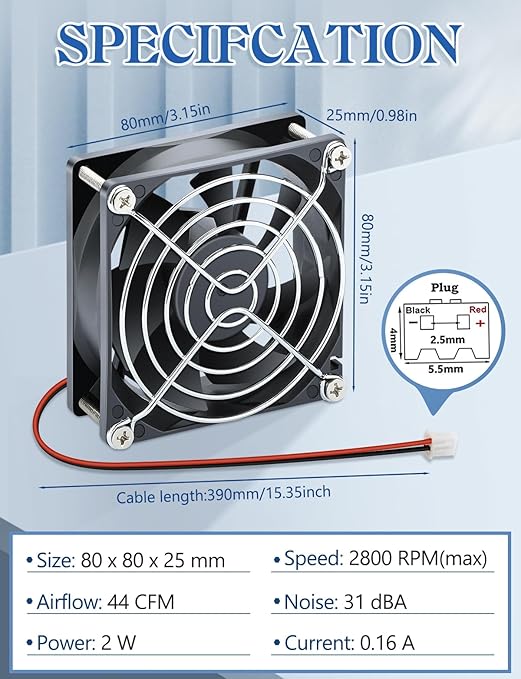 IP67 80mm x 25mm 2pin DC Cooling Fan Dual Ball Bearing for Electronics, AV Cabinet, RV Fridge, Amplifier, Chicken coop, 2pcs