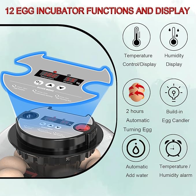 Incubators for Hatching Eggs,12 Egg Incubator with Automatic Egg Turning and Humidity Control,Incubadora de huevos de gallina,Incubator for Chicken,Quail,Duck,Goose,Parrot Eggs for Home,Farm,Lab Use