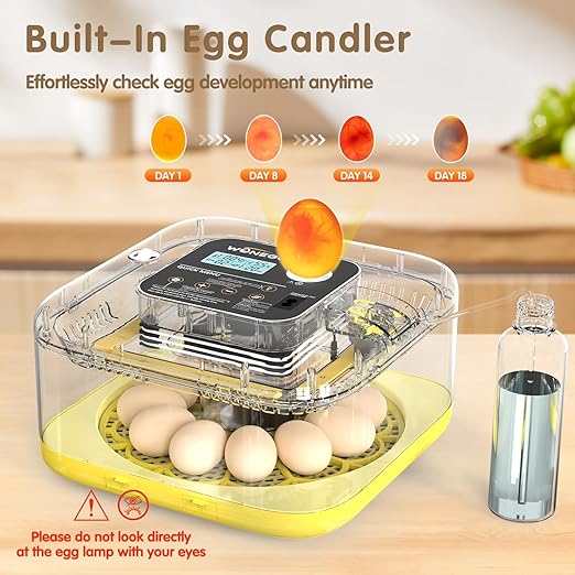 HOWOOlUA 12 Egg Incubator for Hatching Eggs with Auto Turn, Temp & Humidity Control, Built-in Candler Large Capacity Egg Incubator for Chicken Duck Goose Eggs (Yellow)