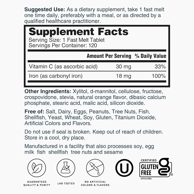 Nature's Lab Iron Plus Vitamin C Fast Melt Tablets - Gentle on The Stomach Carbonyl Iron, High Absorption for Healthy Red Blood Cells* - 120 Tablets