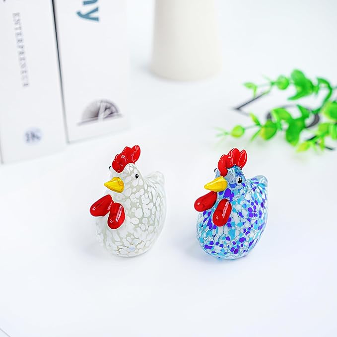 H&D HYALINE & DORA Blown Glass Chicken Figurines Set of 2 Handmade Art Glass Rooster Figurine Crystal Animal Figurine Collectible for Home Decoration Ornament