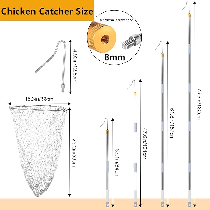 Chicken Catcher,74 inches Adjustable Pole Chicken Catcher Leg Hook, Suitable for Catching Small Duck,Goose,Bird,Fish, Skunk Bat and Raccoon etc（15.3 x 23.2 Inch Net with 75.5 Inch Pole）