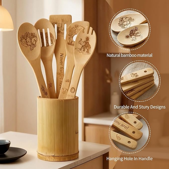 Elephant Gifts for Women 5 PCS Cartoon Wooden Spoons for Cooking Elephant Decor Cute Bamboo Spatula for Elephant Kitchen Accessories Engraved Spoon Kitchen Stuff for Women Mothers Day Gifts