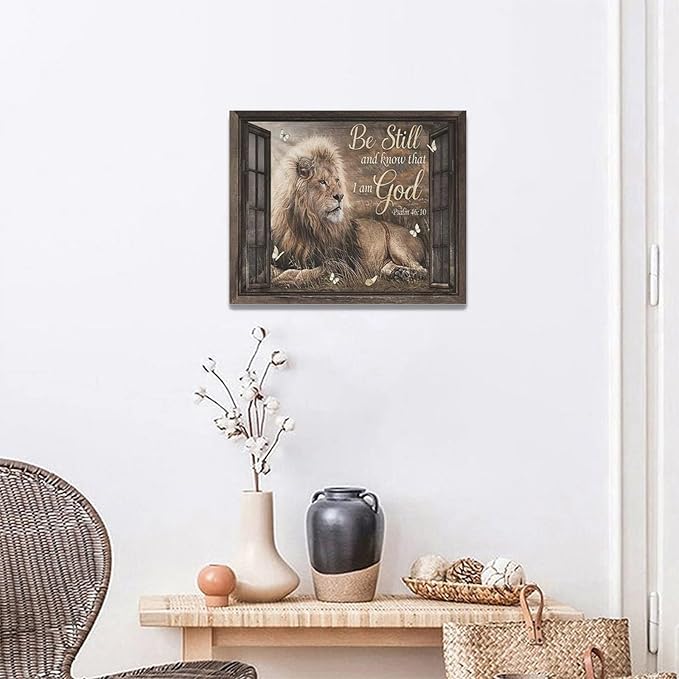 banonaty Lion Wall Art Rustic Farmhoues Christian Decor Of Judah Pictures Canvas Prints Artwork Inspirational Psalm Scripture Gifts Home Decorations For Bathroom Kitchen Office Framed 20''x16''